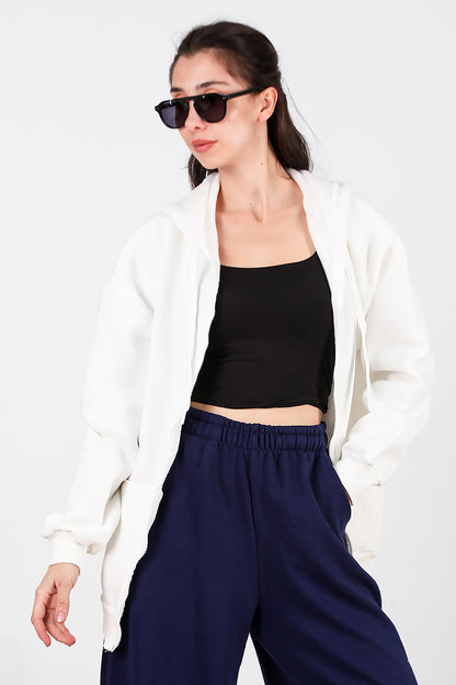 Kadın Kapşonlu Fermuarlı Oversize Üç İplik Sweat Beyaz