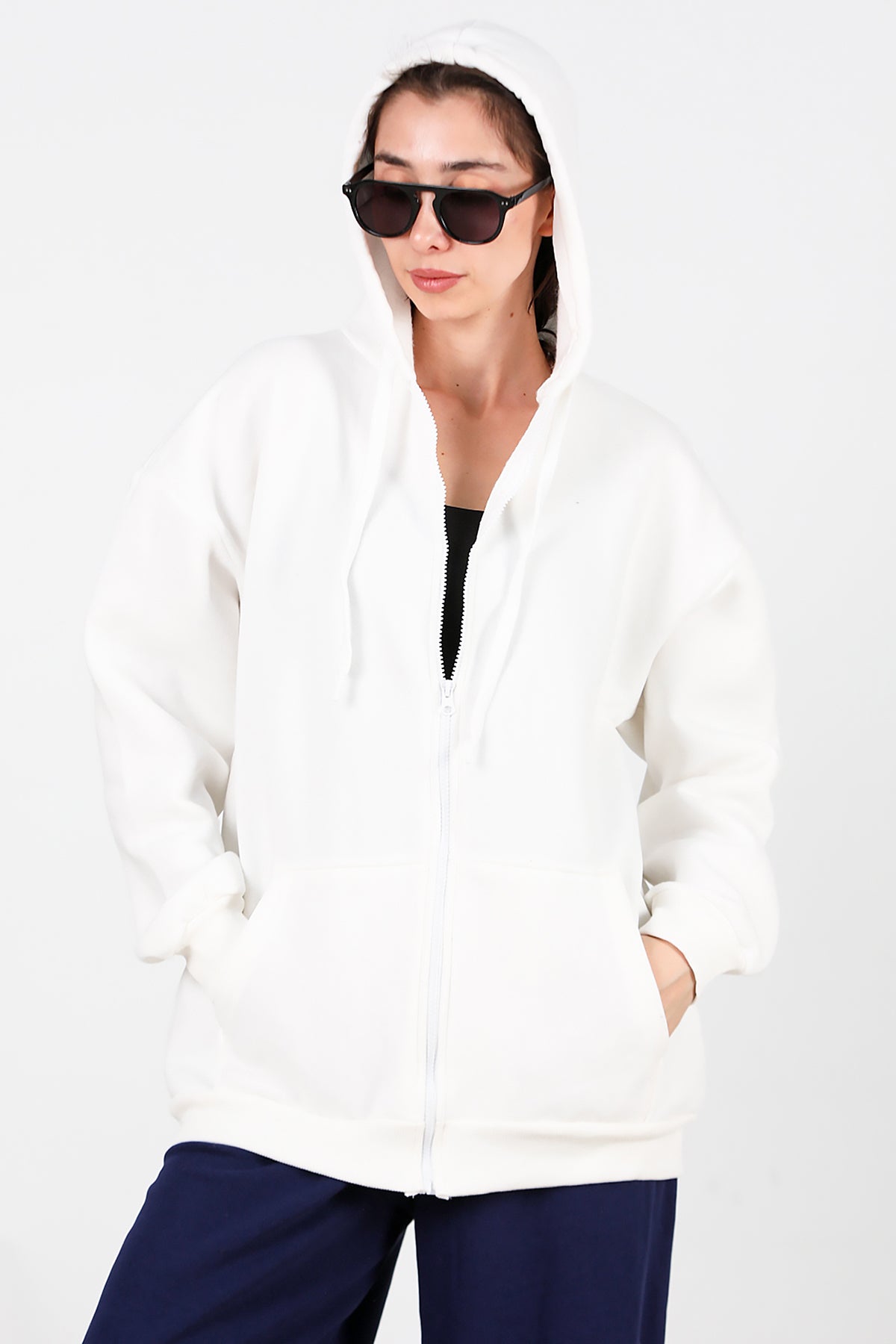 Kadın Kapşonlu Fermuarlı Oversize Üç İplik Sweat Beyaz