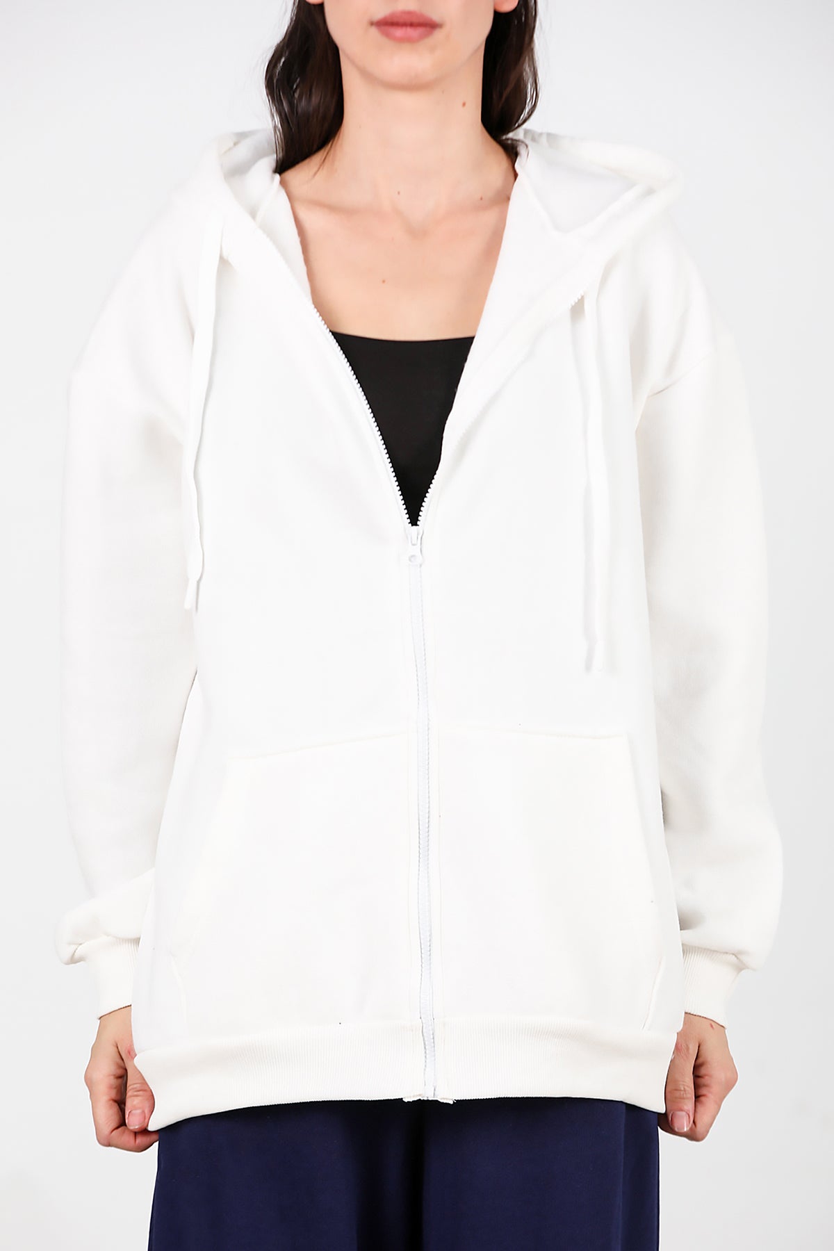 Kadın Kapşonlu Fermuarlı Oversize Üç İplik Sweat Beyaz