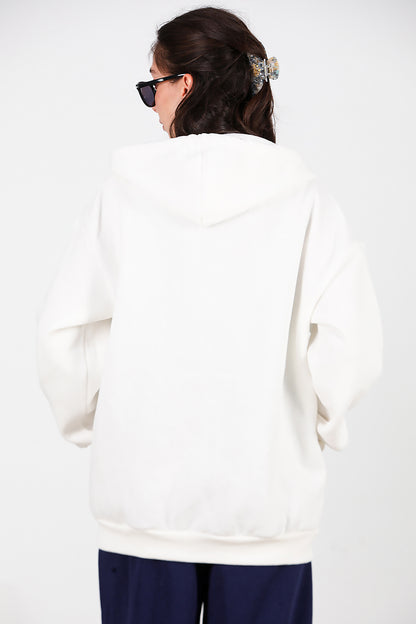 Kadın Kapşonlu Fermuarlı Oversize Üç İplik Sweat Beyaz