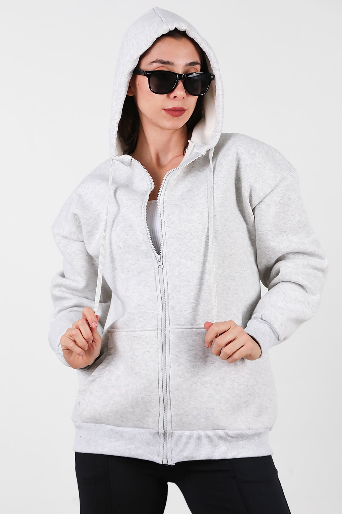 Kadın Kapşonlu Fermuarlı Oversize Üç İplik Sweat Ekru