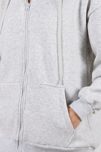 Kadın Kapşonlu Fermuarlı Oversize Üç İplik Sweat Ekru