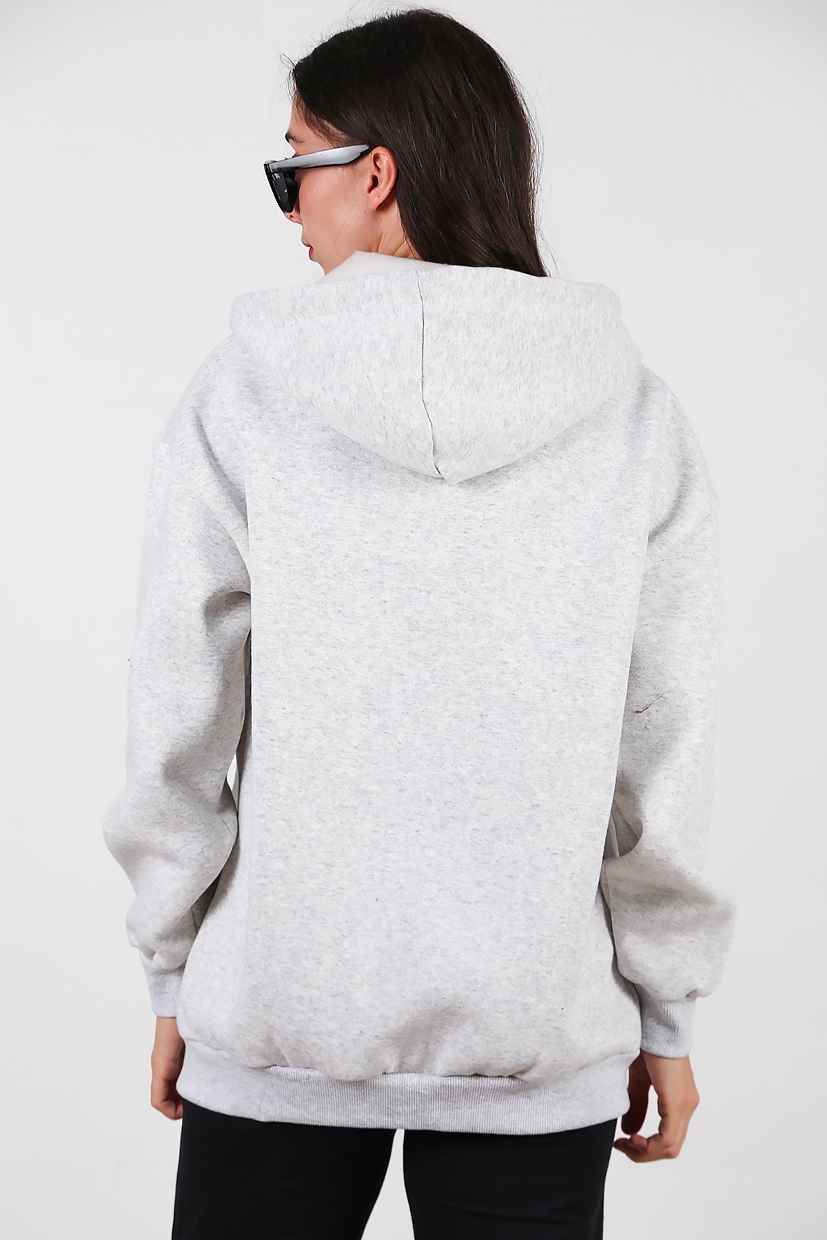 Kadın Kapşonlu Fermuarlı Oversize Üç İplik Sweat Ekru