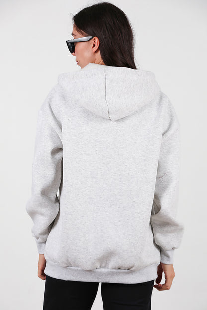 Kadın Kapşonlu Fermuarlı Oversize Üç İplik Sweat Ekru