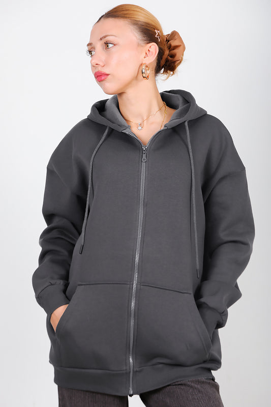 Kadın Kapşonlu Fermuarlı Oversize Üç İplik Sweat Füme
