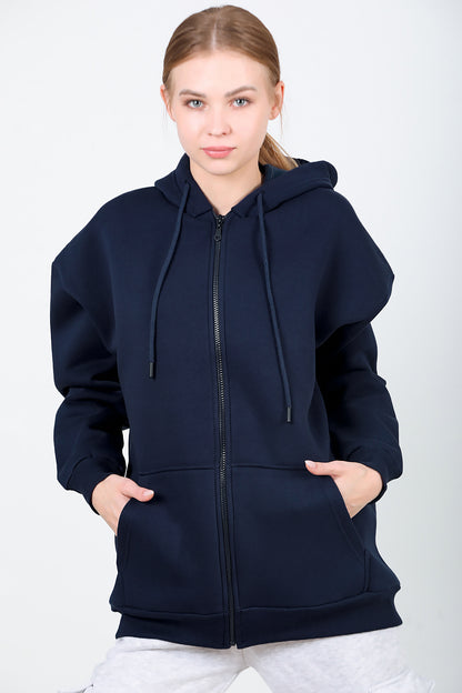Kadın Kapşonlu Fermuarlı Oversize Üç İplik Sweat Lacivert