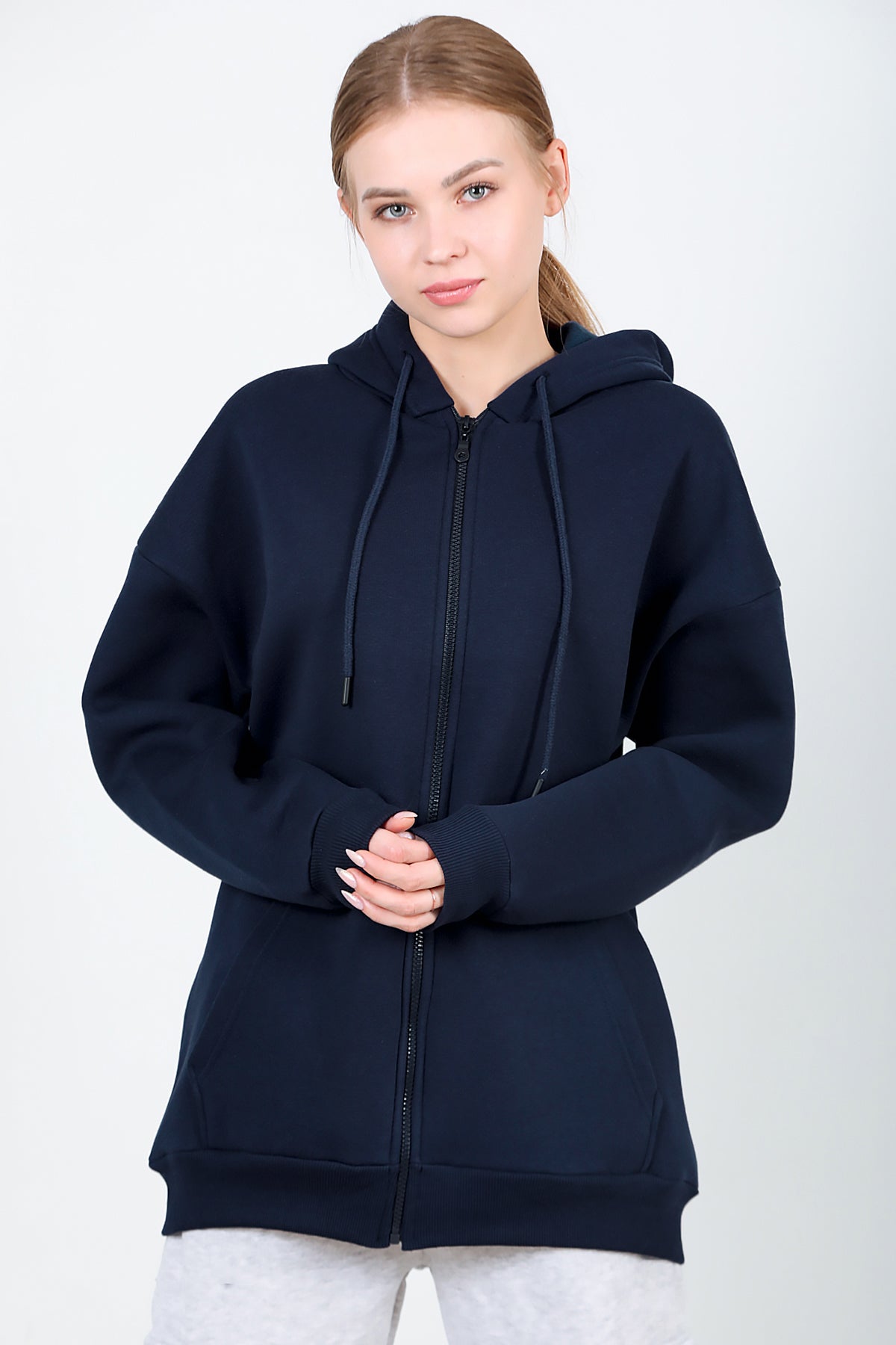 Kadın Kapşonlu Fermuarlı Oversize Üç İplik Sweat Lacivert