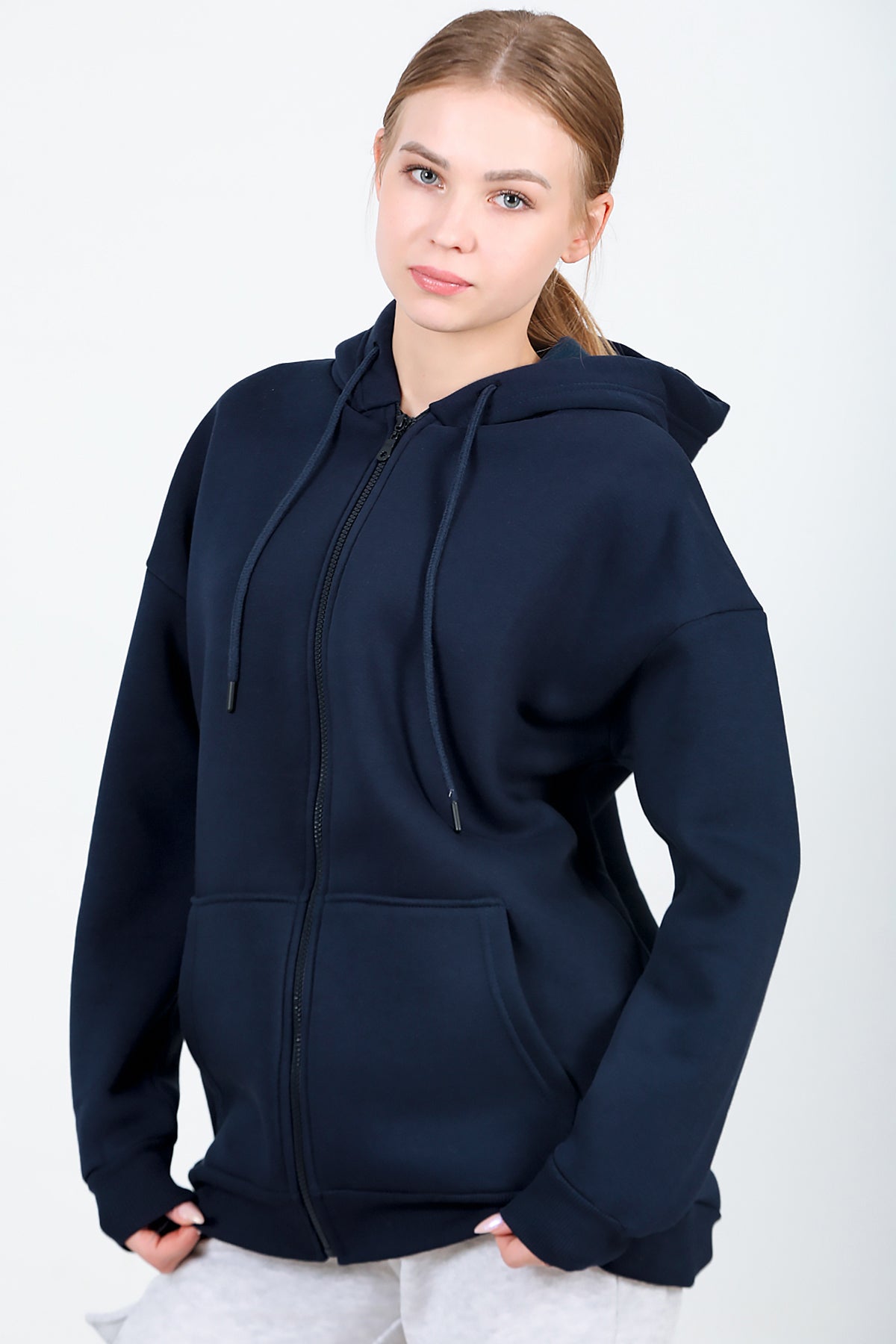 Kadın Kapşonlu Fermuarlı Oversize Üç İplik Sweat Lacivert