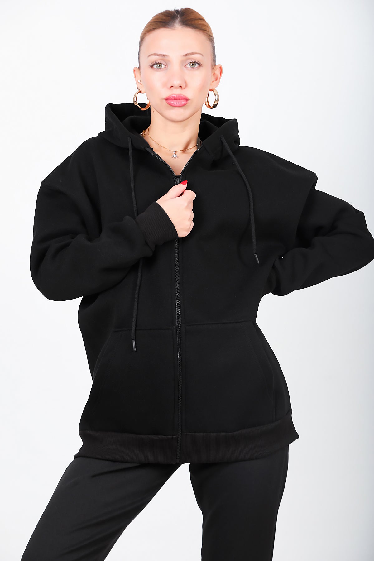 Kadın Kapşonlu Fermuarlı Oversize Üç İplik Sweat Siyah