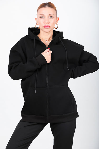 Kadın Kapşonlu Fermuarlı Oversize Üç İplik Sweat Siyah