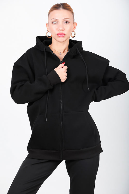 Kadın Kapşonlu Fermuarlı Oversize Üç İplik Sweat Siyah