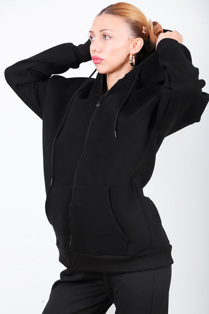 Kadın Kapşonlu Fermuarlı Oversize Üç İplik Sweat Siyah