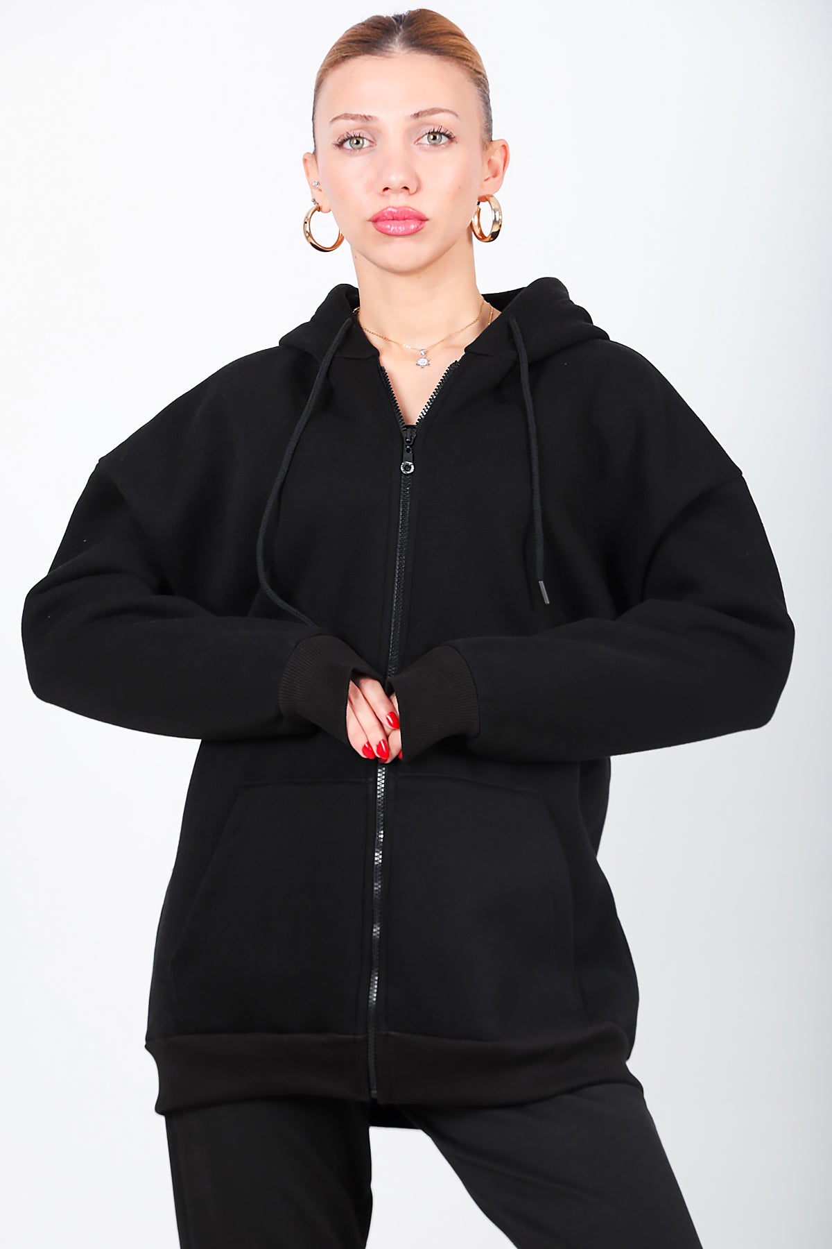 Kadın Kapşonlu Fermuarlı Oversize Üç İplik Sweat Siyah