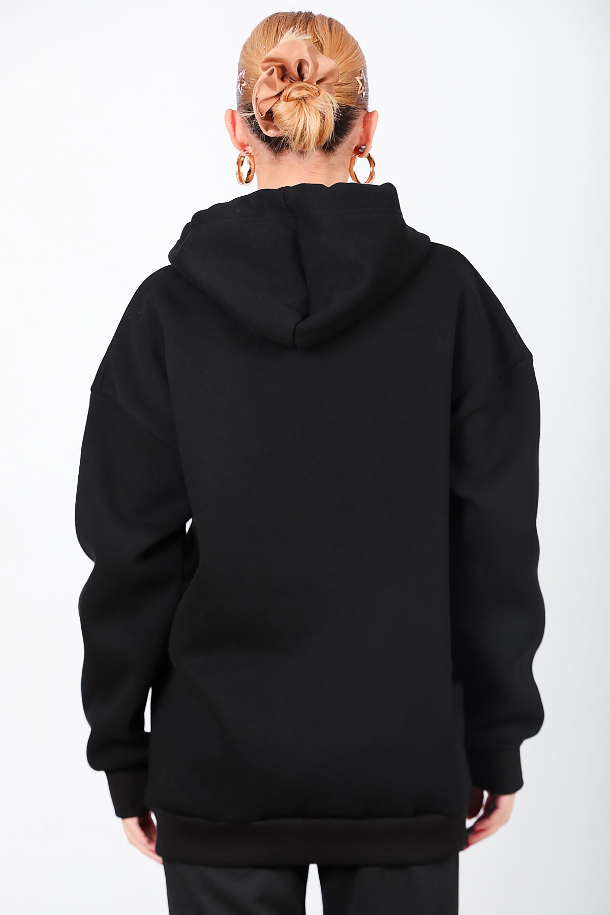 Kadın Kapşonlu Fermuarlı Oversize Üç İplik Sweat Siyah