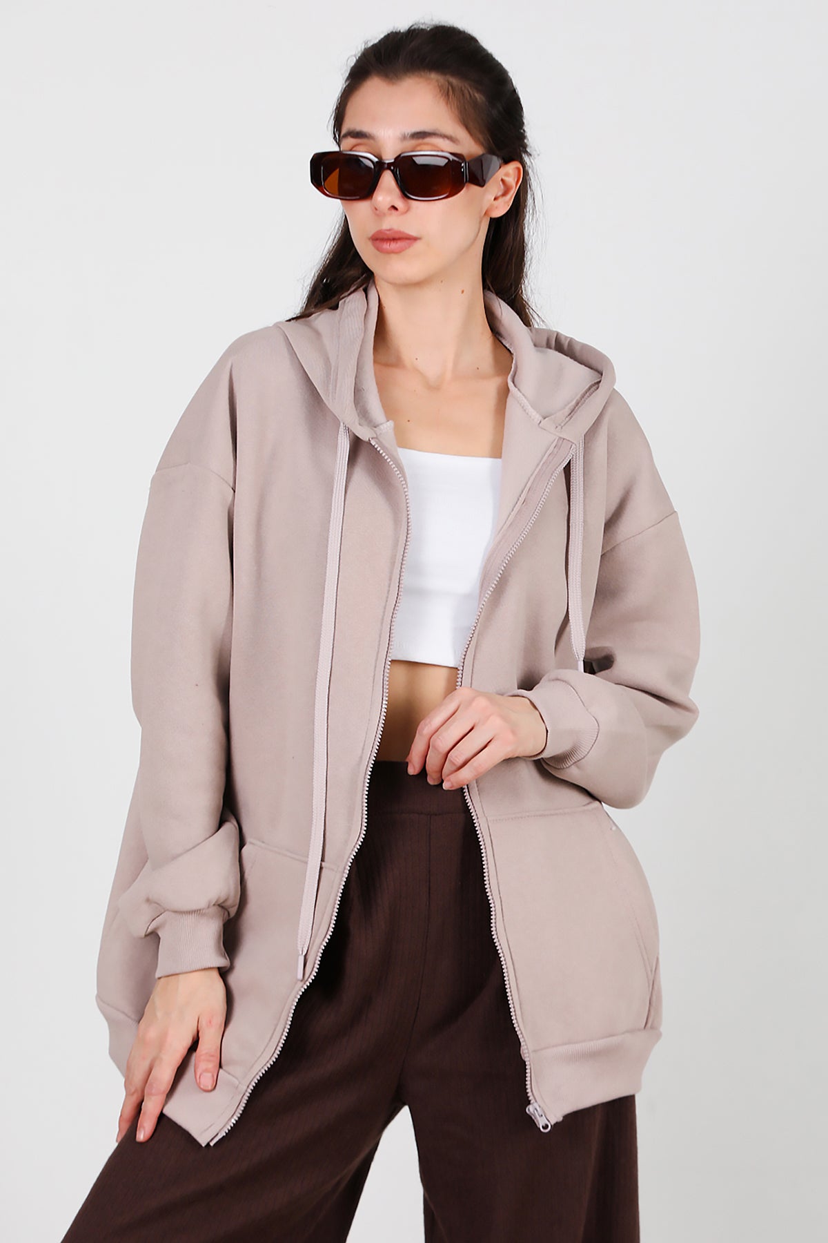 Kadın Kapşonlu Fermuarlı Oversize Üç İplik Sweat Vizon