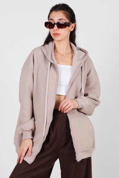 Kadın Kapşonlu Fermuarlı Oversize Üç İplik Sweat Vizon