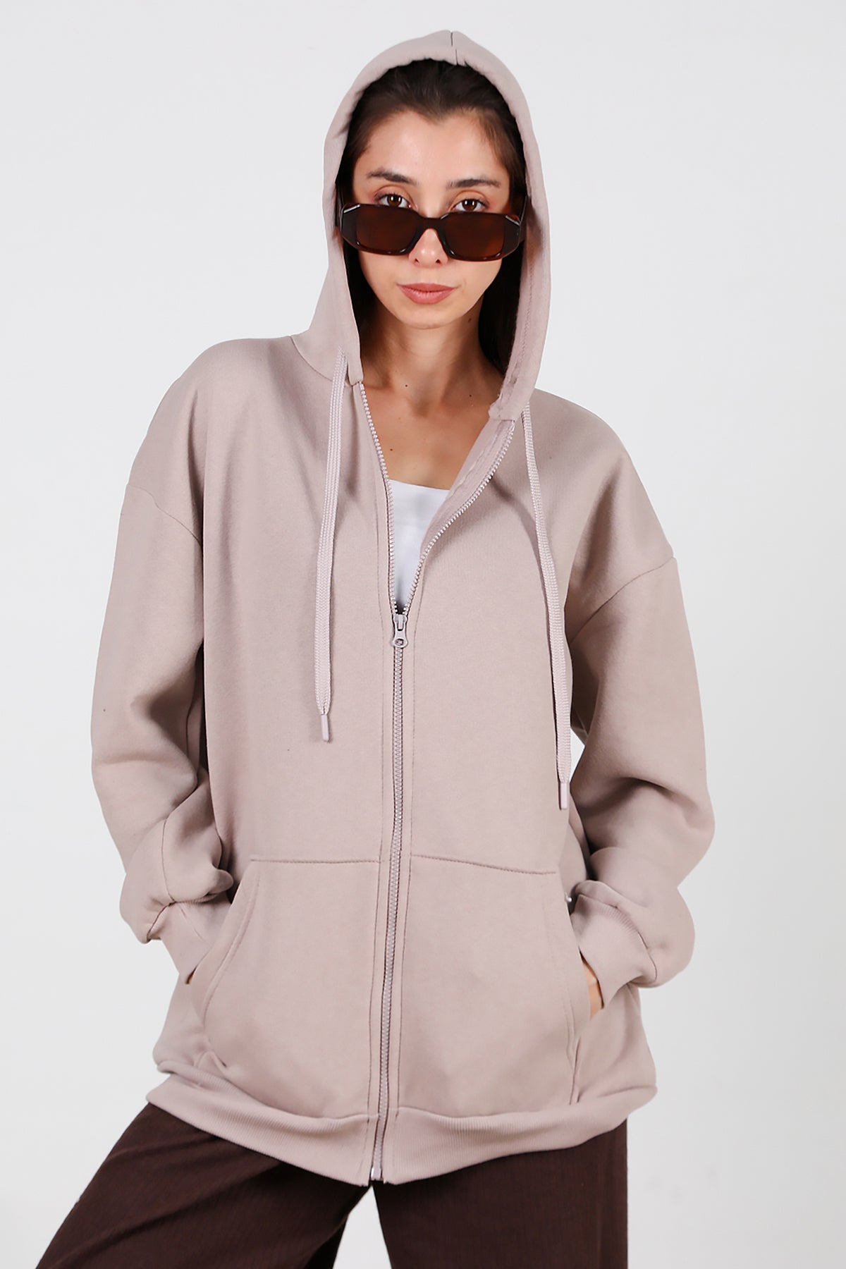 Kadın Kapşonlu Fermuarlı Oversize Üç İplik Sweat Vizon