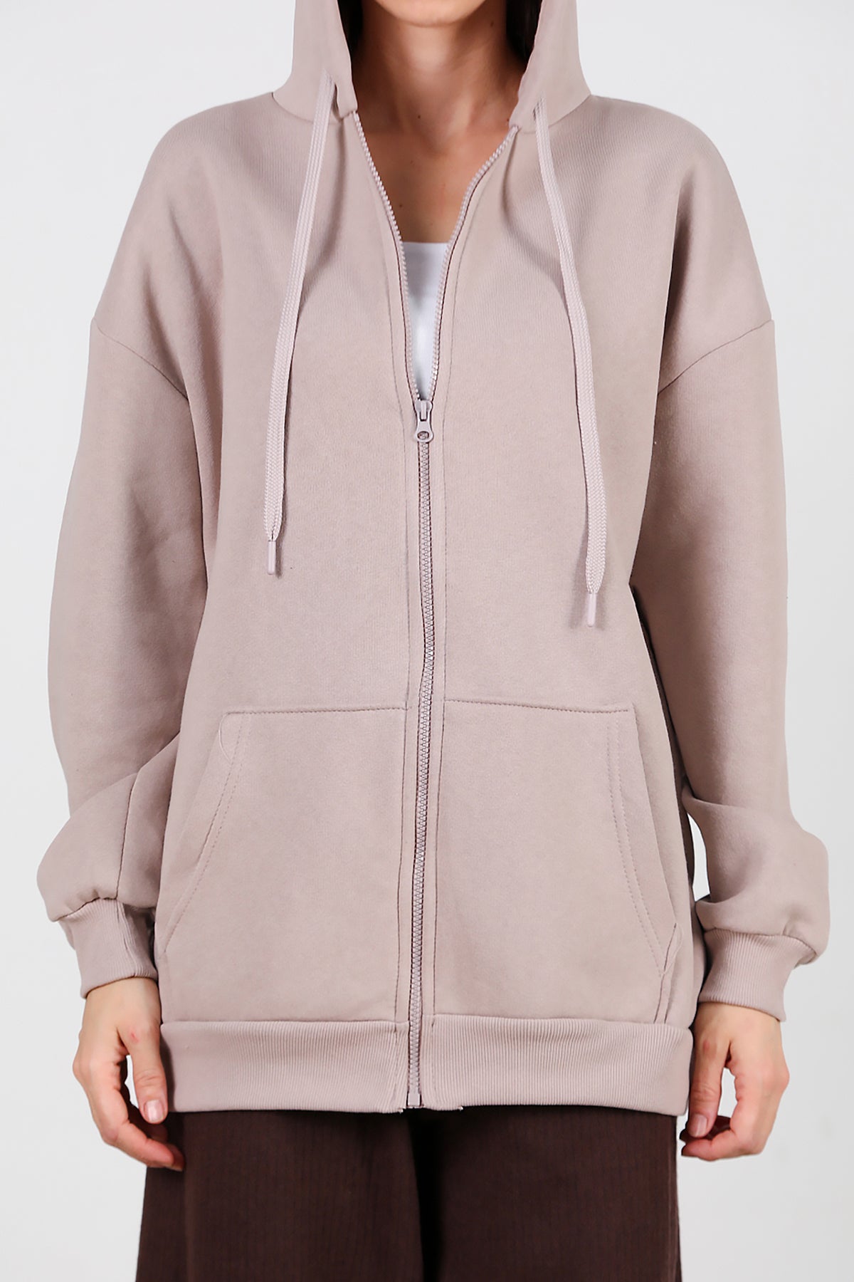 Kadın Kapşonlu Fermuarlı Oversize Üç İplik Sweat Vizon