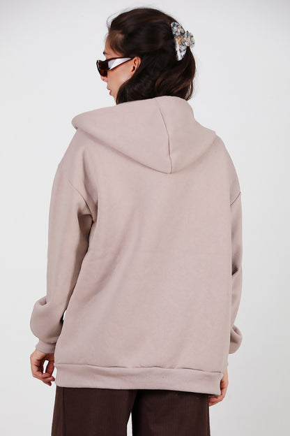 Kadın Kapşonlu Fermuarlı Oversize Üç İplik Sweat Vizon