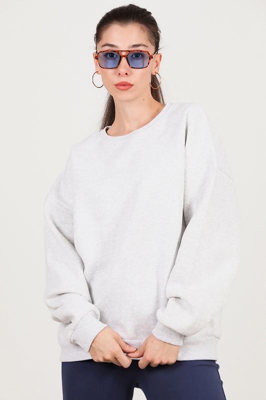 Kadın Bisiklet Yaka Üç İplik Oversize Sweat Açık Gri