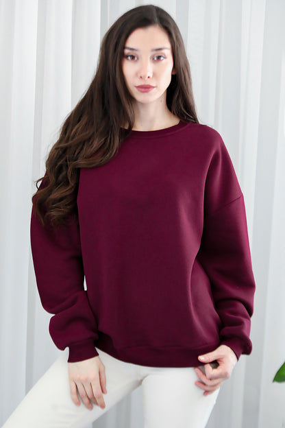 Kadın Bisiklet Yaka Üç İplik Oversize Sweat Bordo