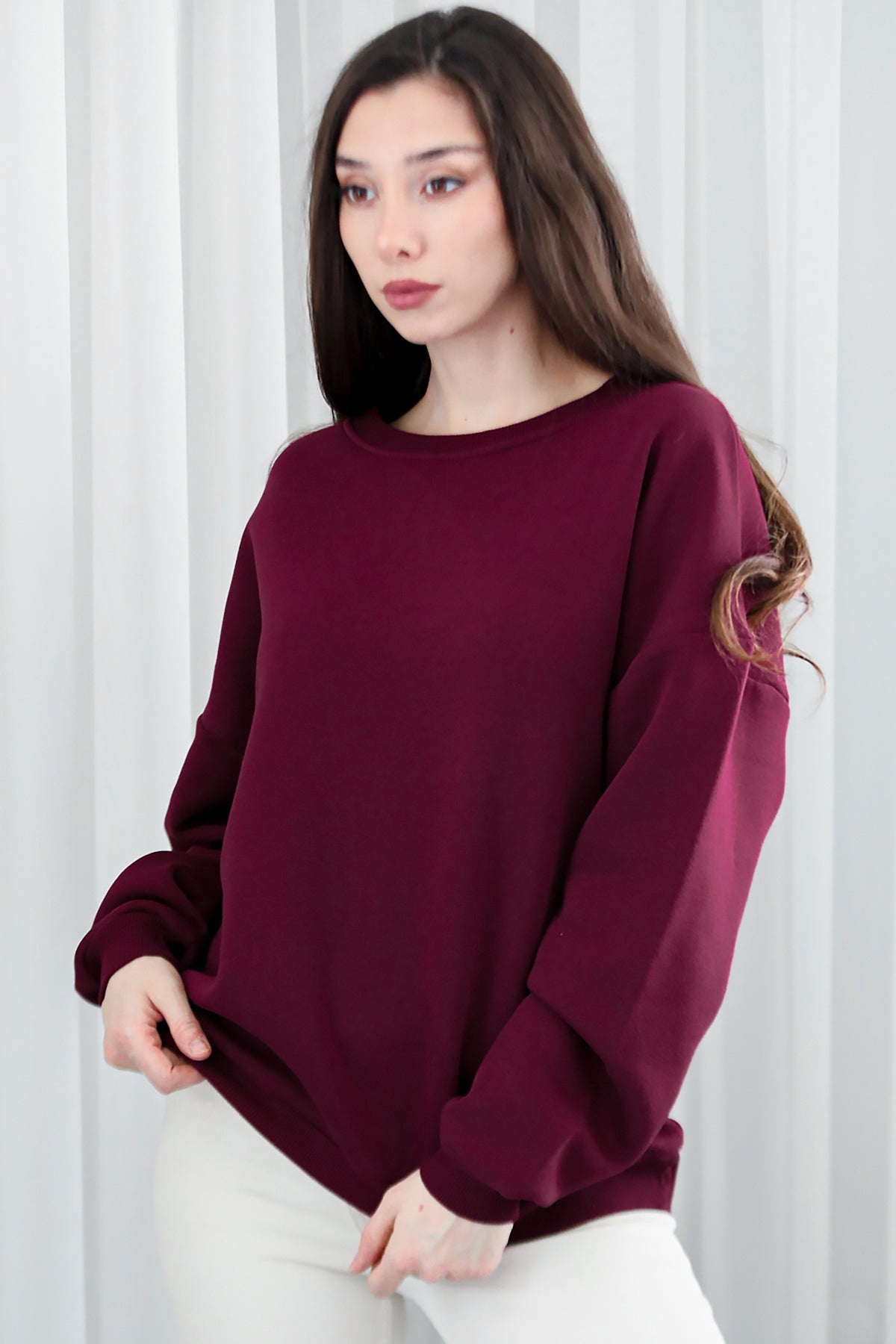 Kadın Bisiklet Yaka Üç İplik Oversize Sweat Bordo