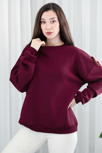 Kadın Bisiklet Yaka Üç İplik Oversize Sweat Bordo