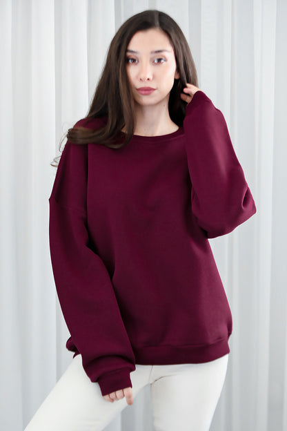 Kadın Bisiklet Yaka Üç İplik Oversize Sweat Bordo