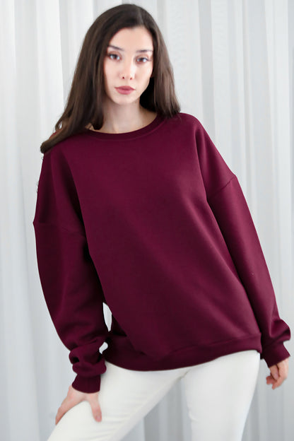 Kadın Bisiklet Yaka Üç İplik Oversize Sweat Bordo