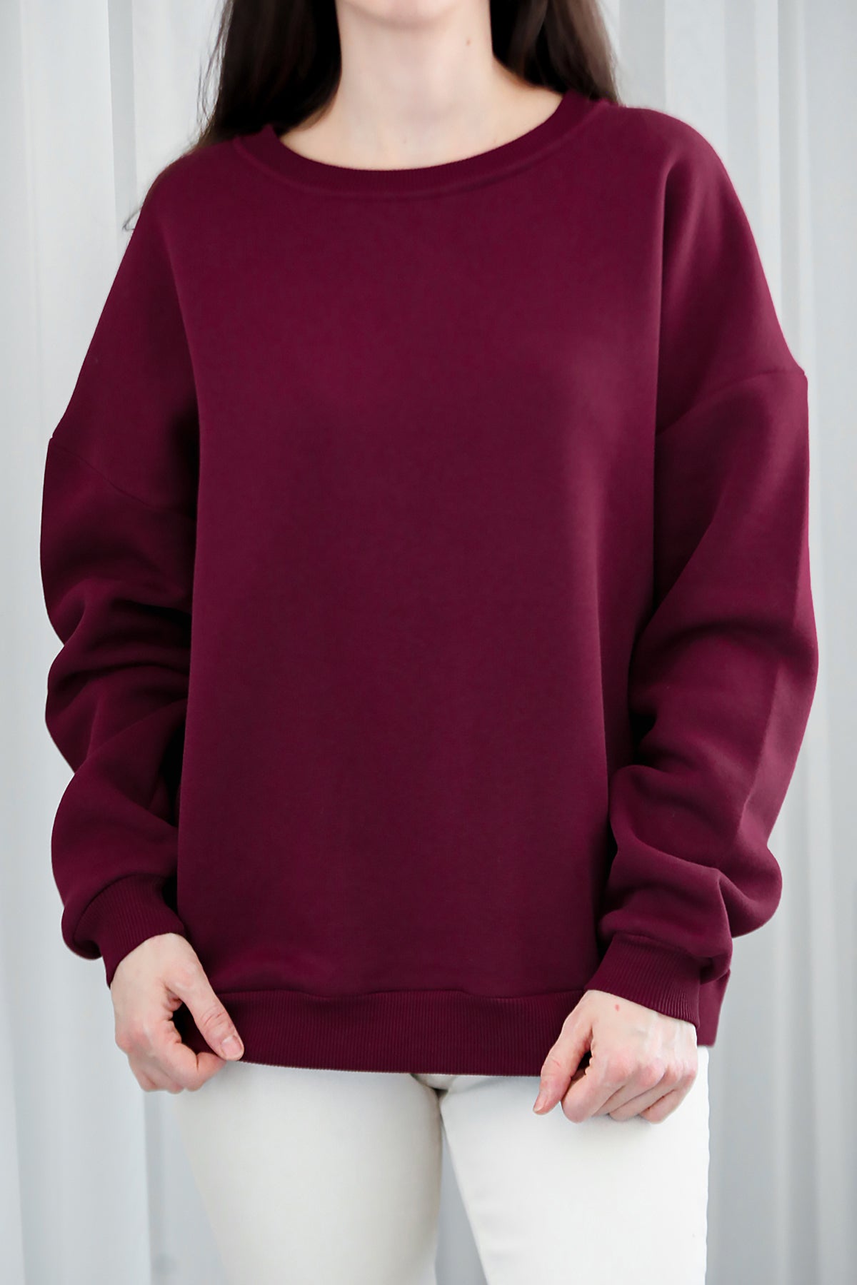 Kadın Bisiklet Yaka Üç İplik Oversize Sweat Bordo