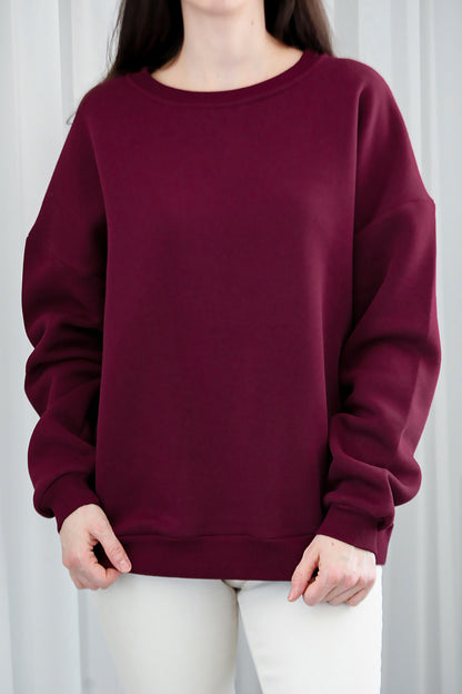 Kadın Bisiklet Yaka Üç İplik Oversize Sweat Bordo