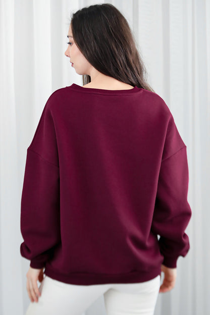 Kadın Bisiklet Yaka Üç İplik Oversize Sweat Bordo