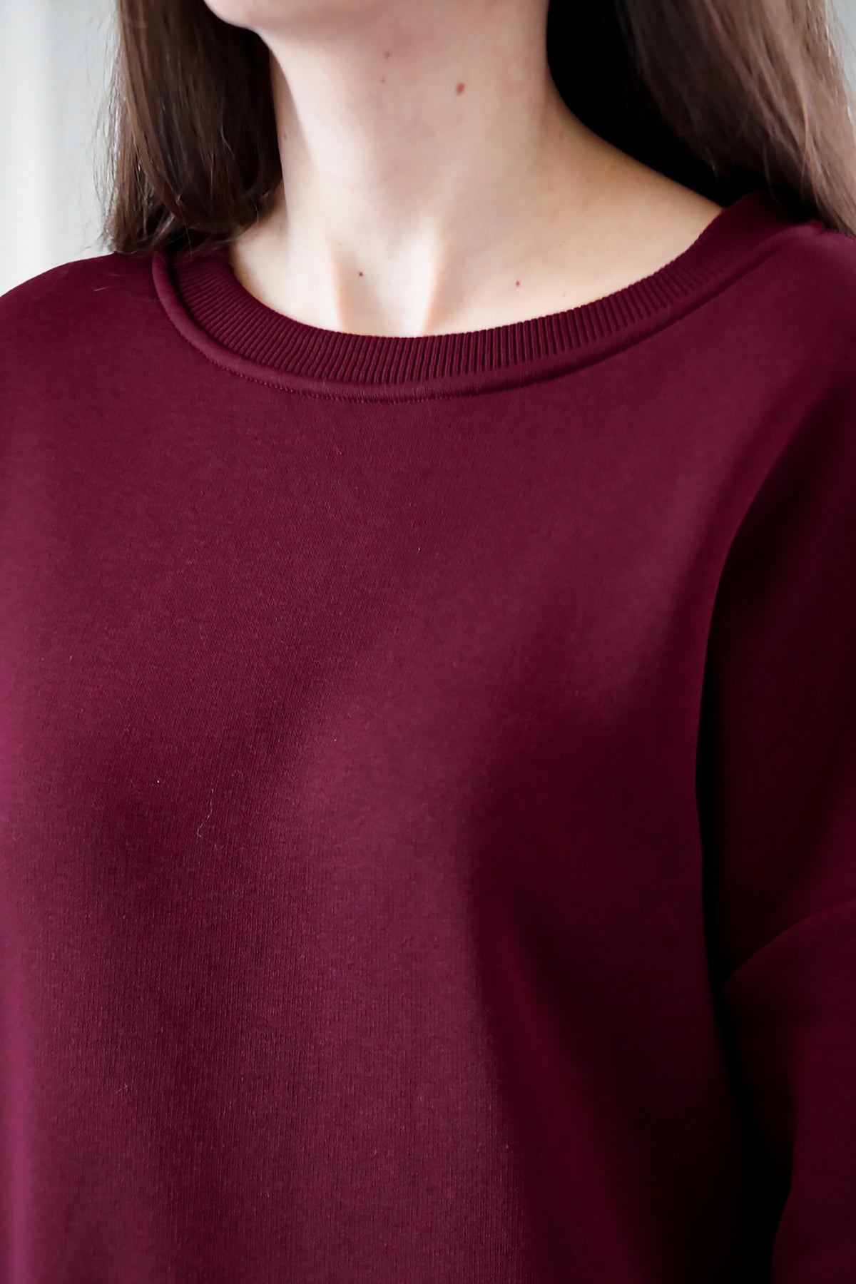 Kadın Bisiklet Yaka Üç İplik Oversize Sweat Bordo
