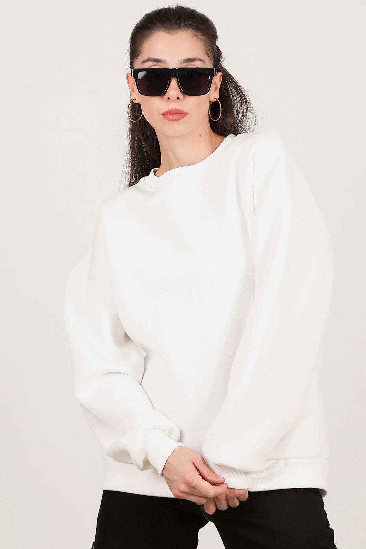 Kadın Bisiklet Yaka Üç İplik Oversize Sweat Ekru