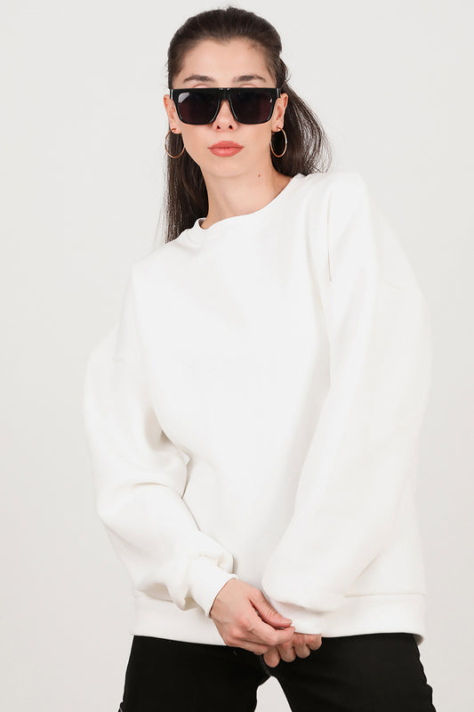 Kadın Bisiklet Yaka Üç İplik Oversize Sweat Ekru