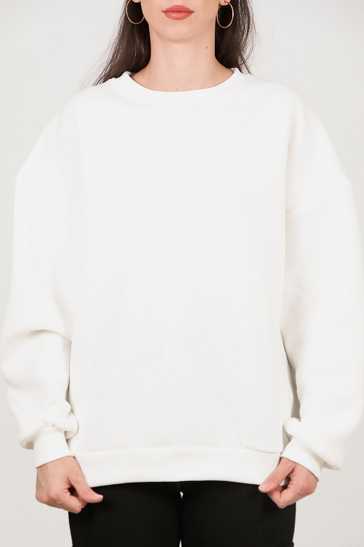 Kadın Bisiklet Yaka Üç İplik Oversize Sweat Ekru