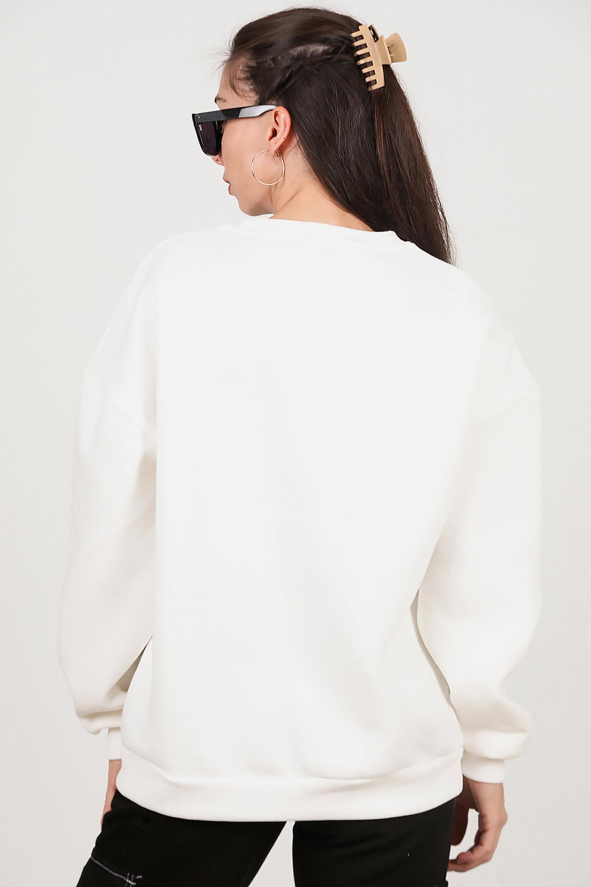 Kadın Bisiklet Yaka Üç İplik Oversize Sweat Ekru