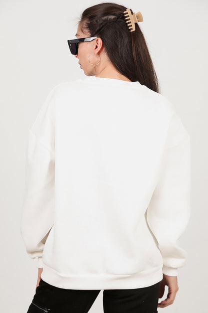 Kadın Bisiklet Yaka Üç İplik Oversize Sweat Ekru
