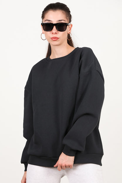 Kadın Bisiklet Yaka Üç İplik Oversize Sweat Füme