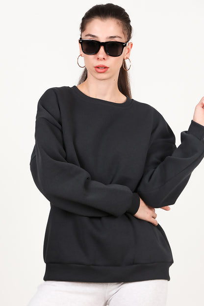 Kadın Bisiklet Yaka Üç İplik Oversize Sweat Füme