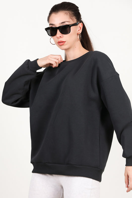 Kadın Bisiklet Yaka Üç İplik Oversize Sweat Füme