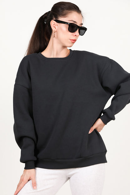 Kadın Bisiklet Yaka Üç İplik Oversize Sweat Füme