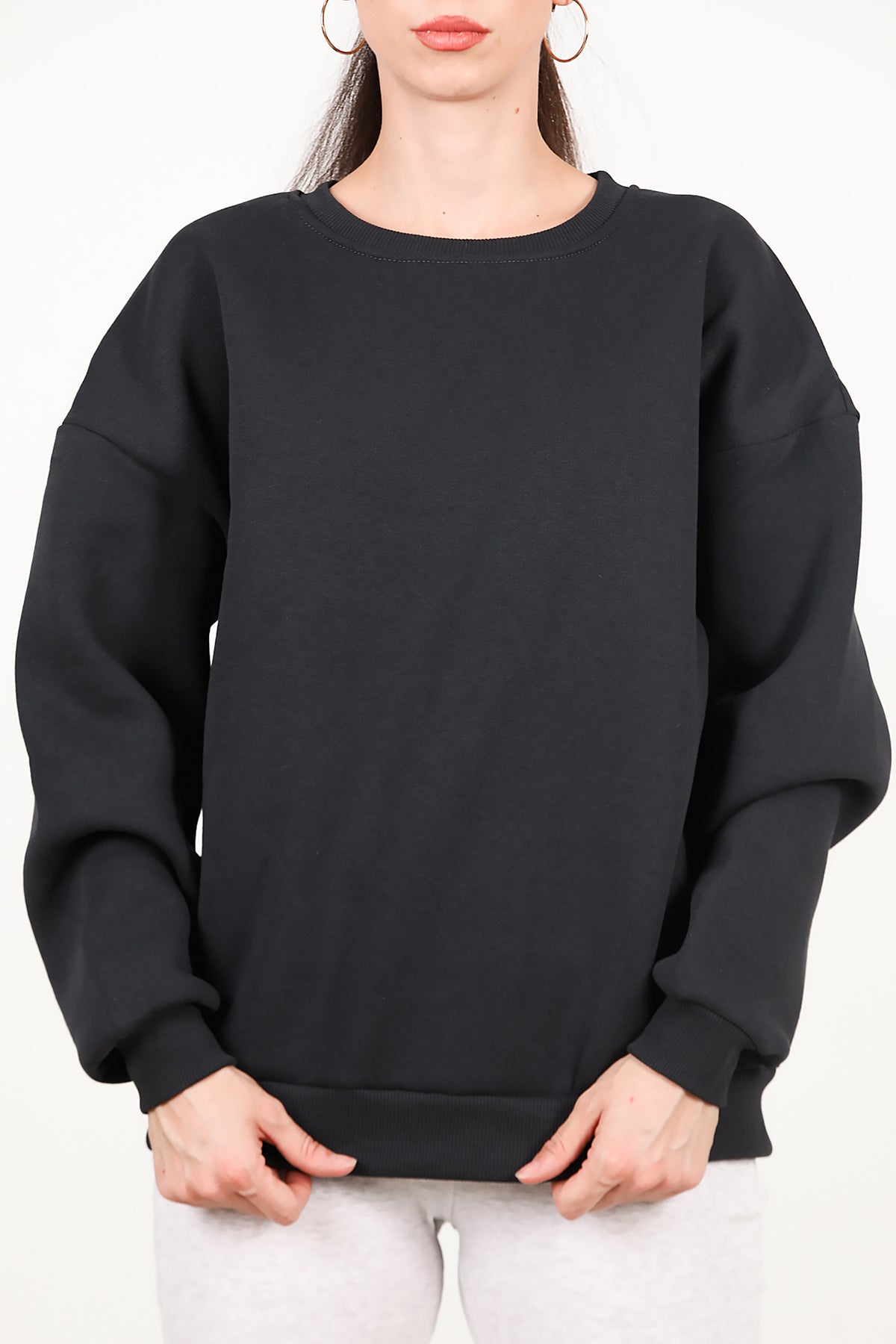 Kadın Bisiklet Yaka Üç İplik Oversize Sweat Füme