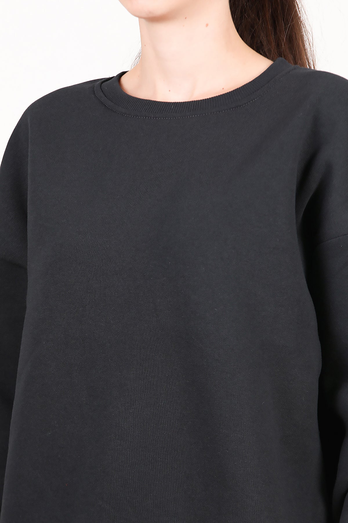 Kadın Bisiklet Yaka Üç İplik Oversize Sweat Füme