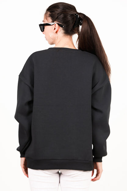 Kadın Bisiklet Yaka Üç İplik Oversize Sweat Füme