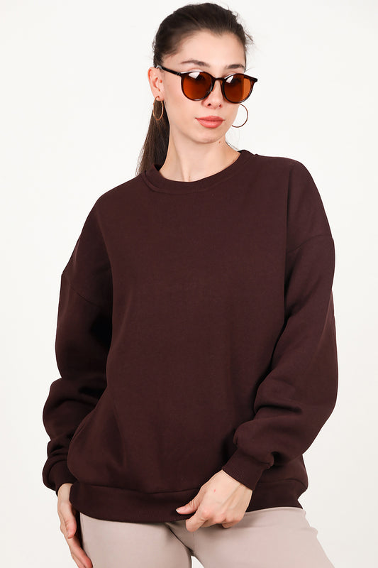 Kadın Bisiklet Yaka Üç İplik Oversize Sweat Kahverengi