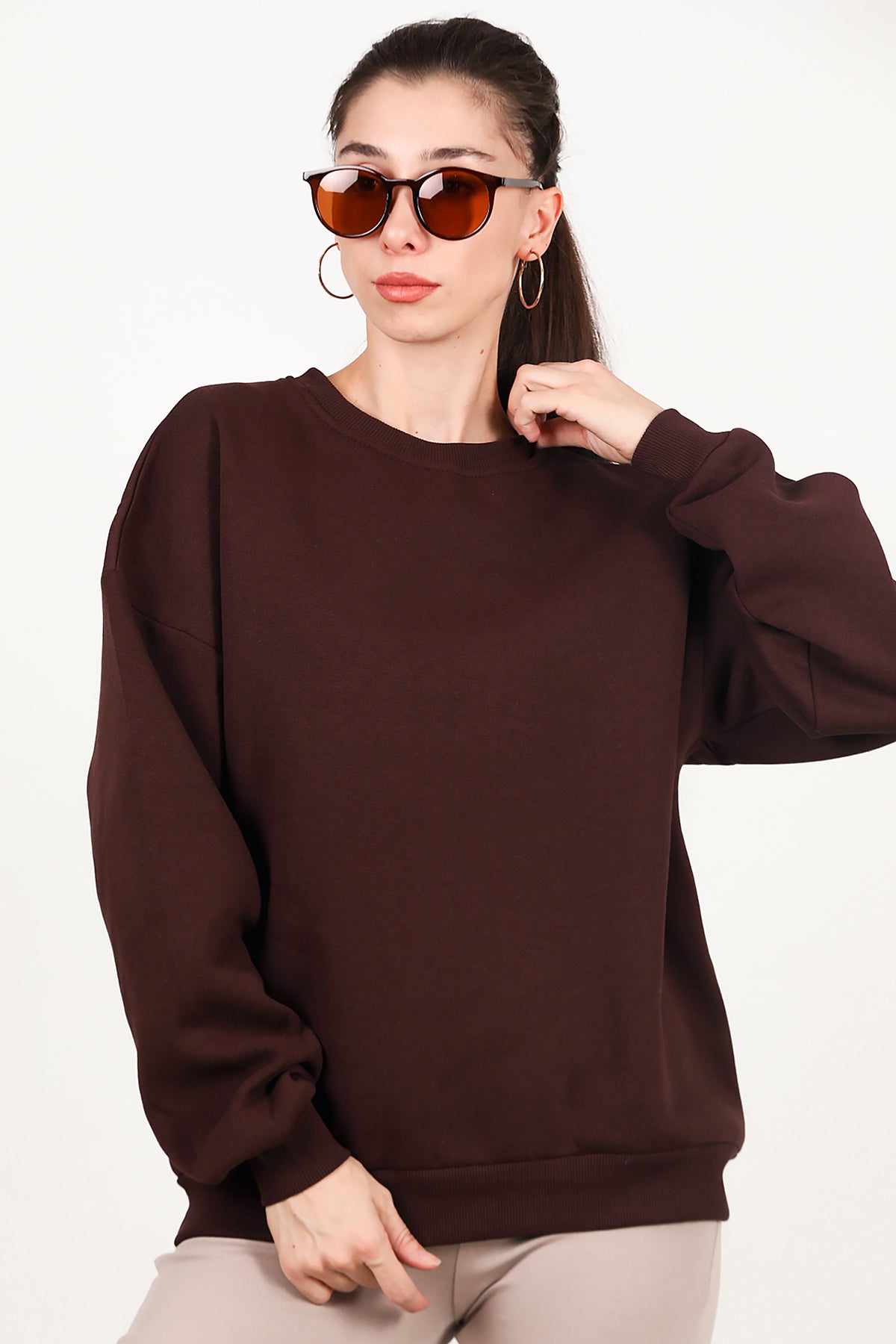 Kadın Bisiklet Yaka Üç İplik Oversize Sweat Kahverengi