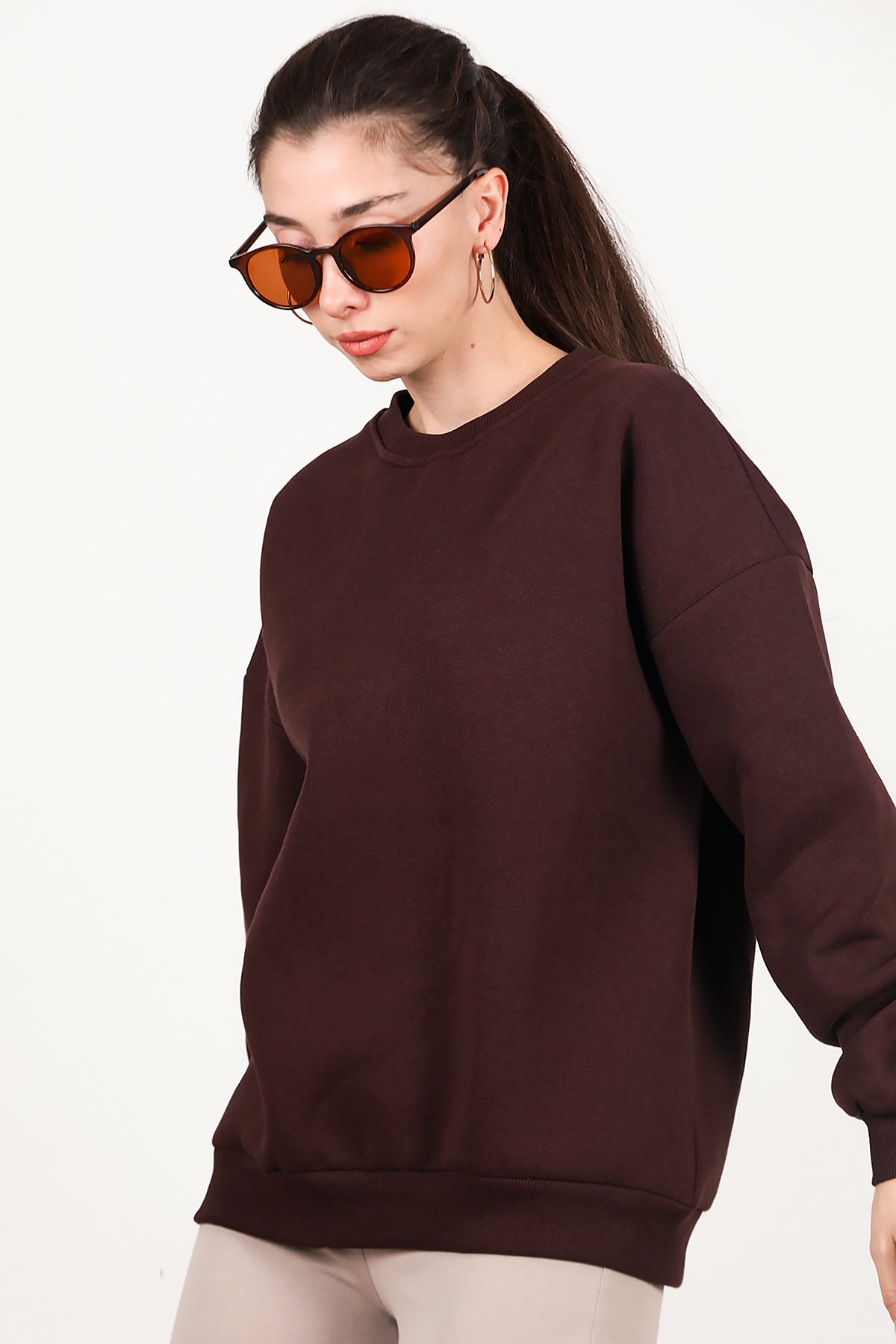 Kadın Bisiklet Yaka Üç İplik Oversize Sweat Kahverengi
