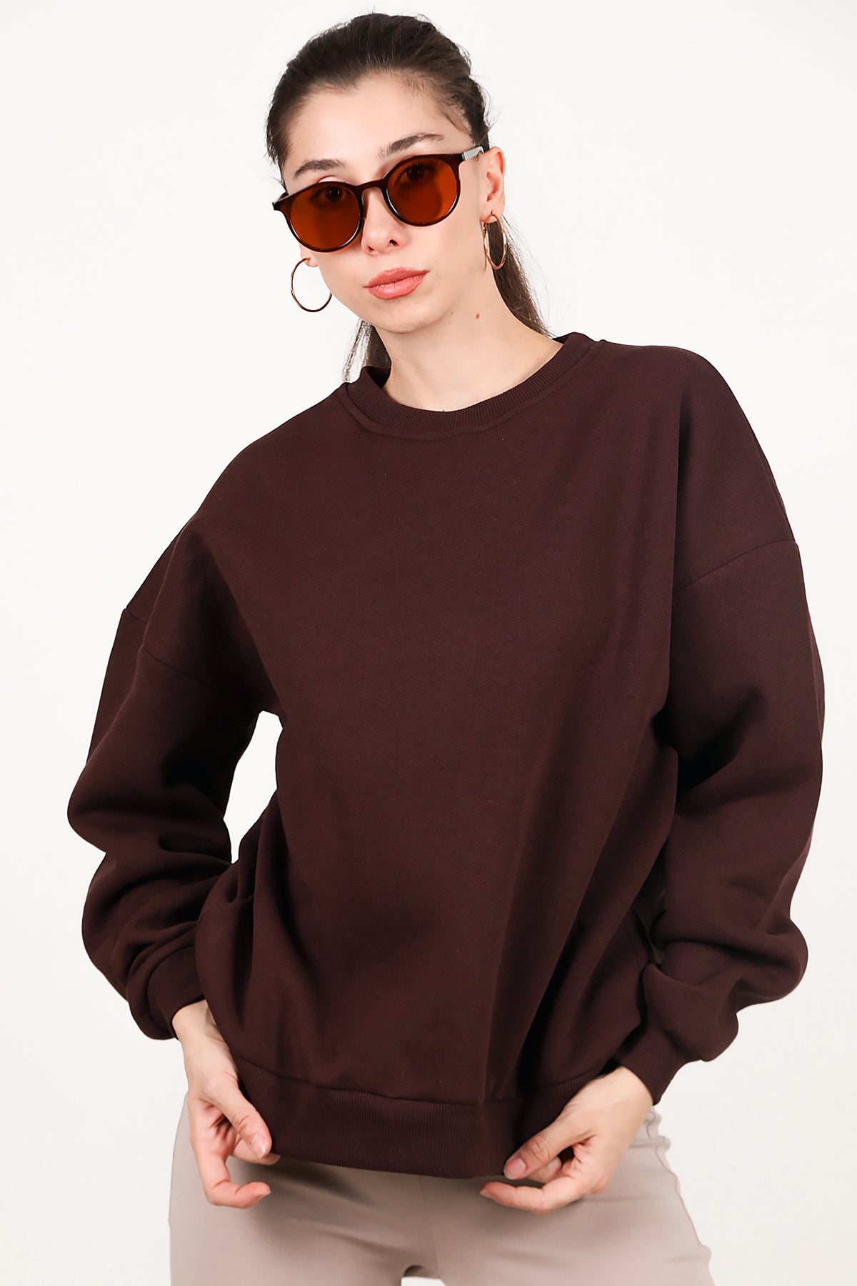 Kadın Bisiklet Yaka Üç İplik Oversize Sweat Kahverengi