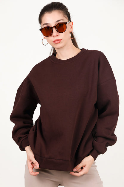 Kadın Bisiklet Yaka Üç İplik Oversize Sweat Kahverengi